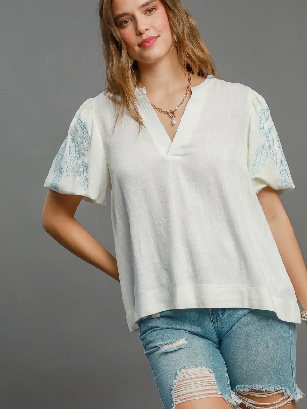 K9309 Linen Blend Embroidered Top
